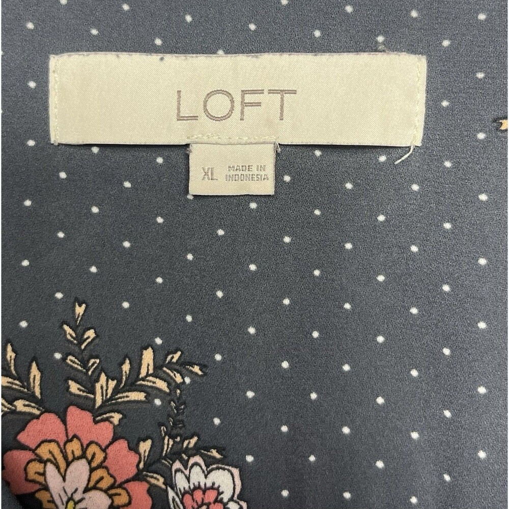 LOFT Women Button Up Blouse XL Gray Floral Polka Dot V-Neck Long Sleeve Boho Top - Picture 3 of 8